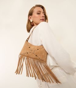 Bolsa Baguete Pequena em Suede com Spikes e Franjas Boho Romântica