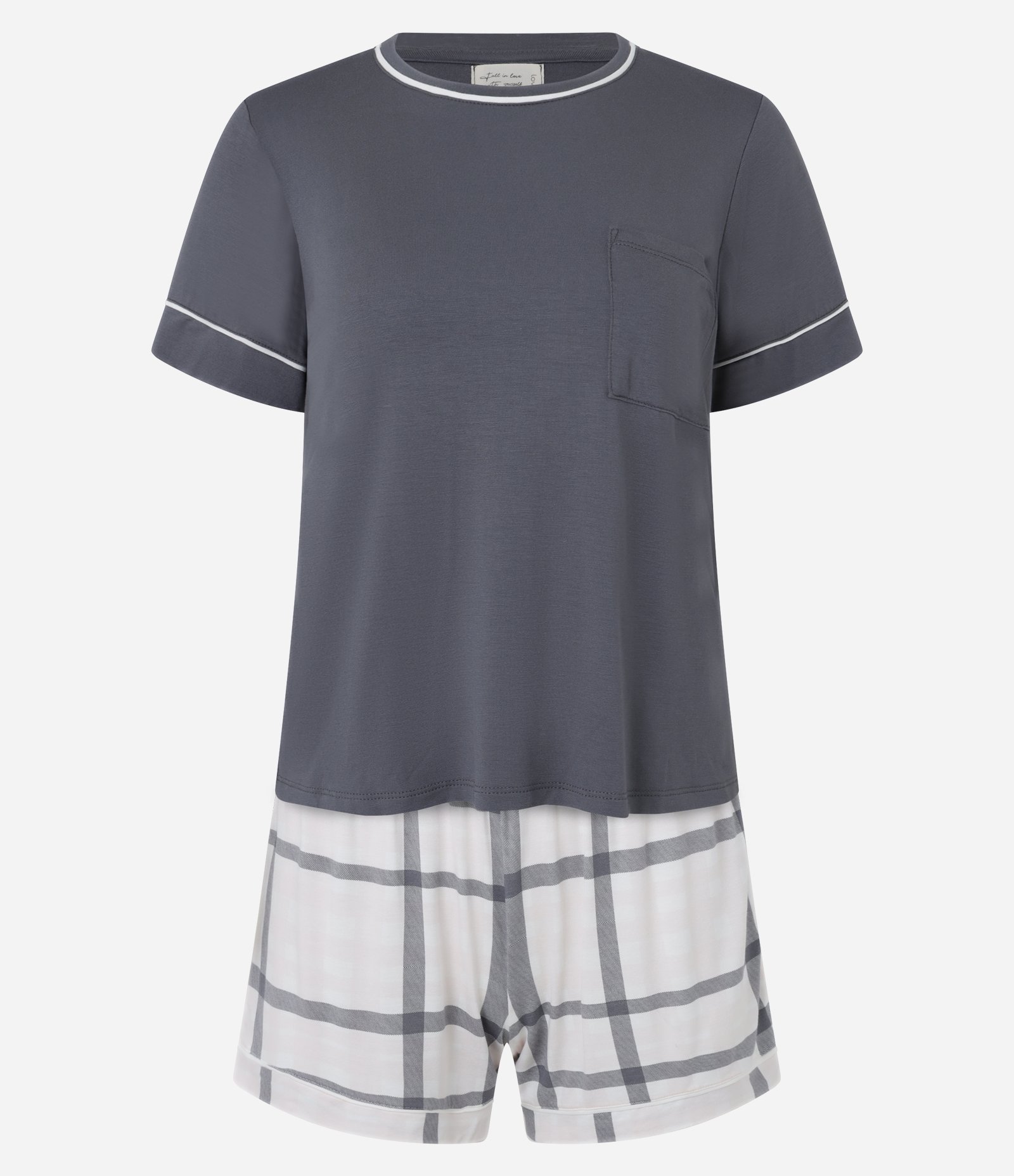 Pijama Short Doll em Viscose com Bolsinho e Short Xadrez Cinza 5