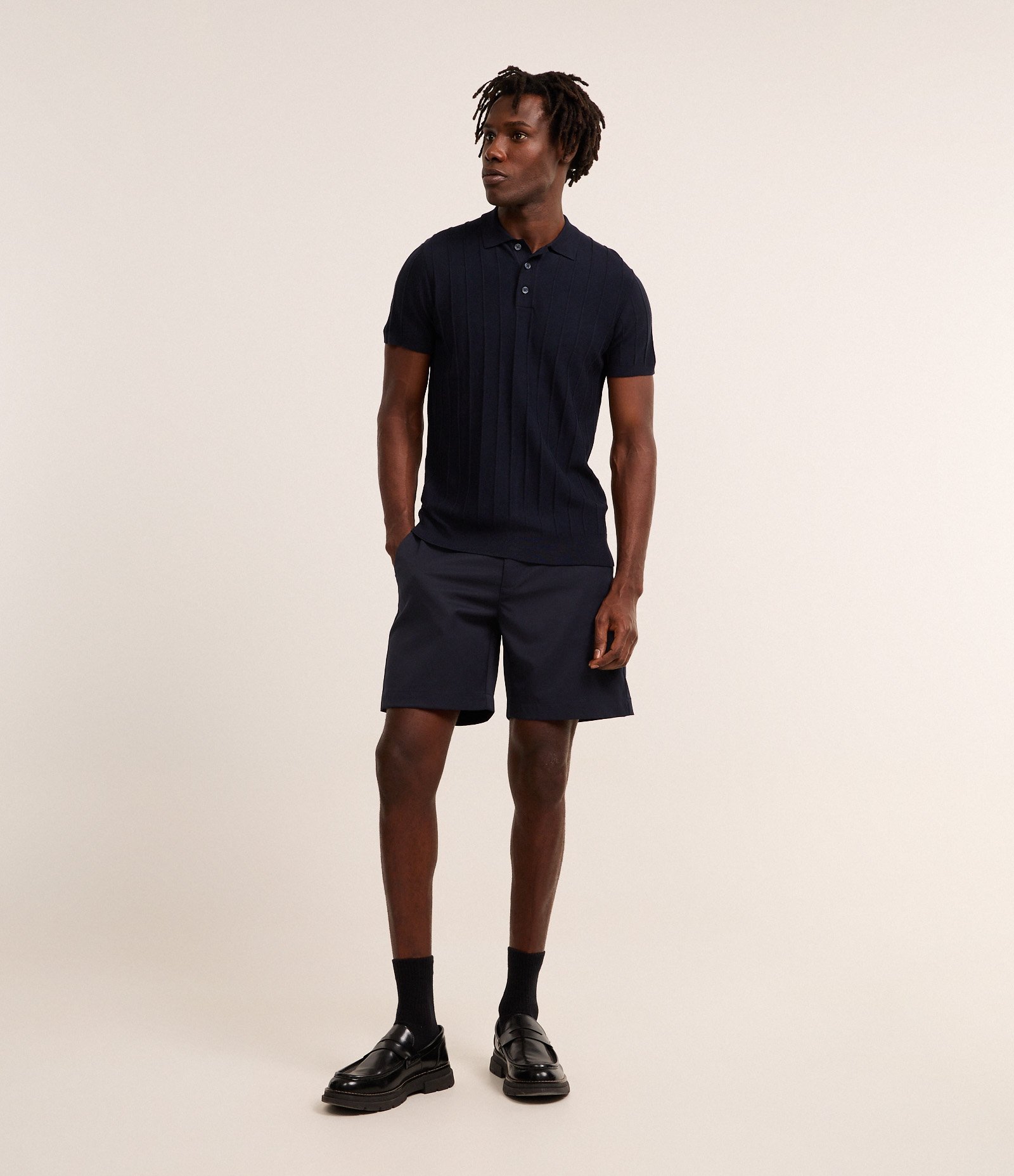 Camisa Polo em Tricô com Textura Vertical Azul 2