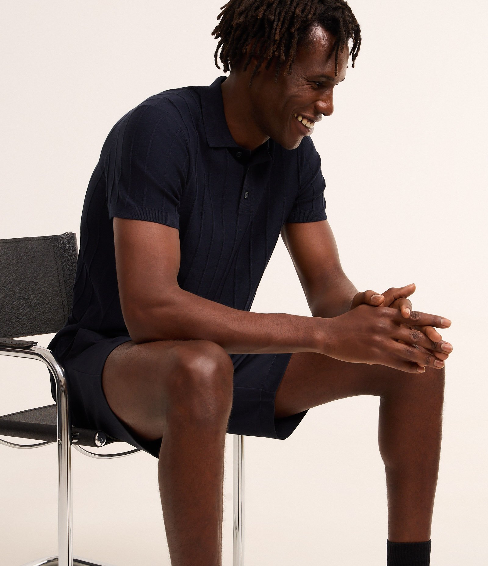 Camisa Polo em Tricô com Textura Vertical Azul 3