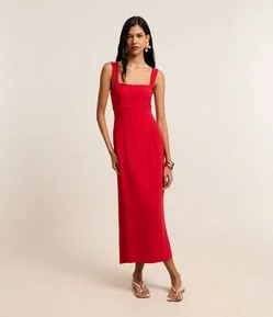 Vestido Tubinho Midi Acetinado com Recortes e Fenda