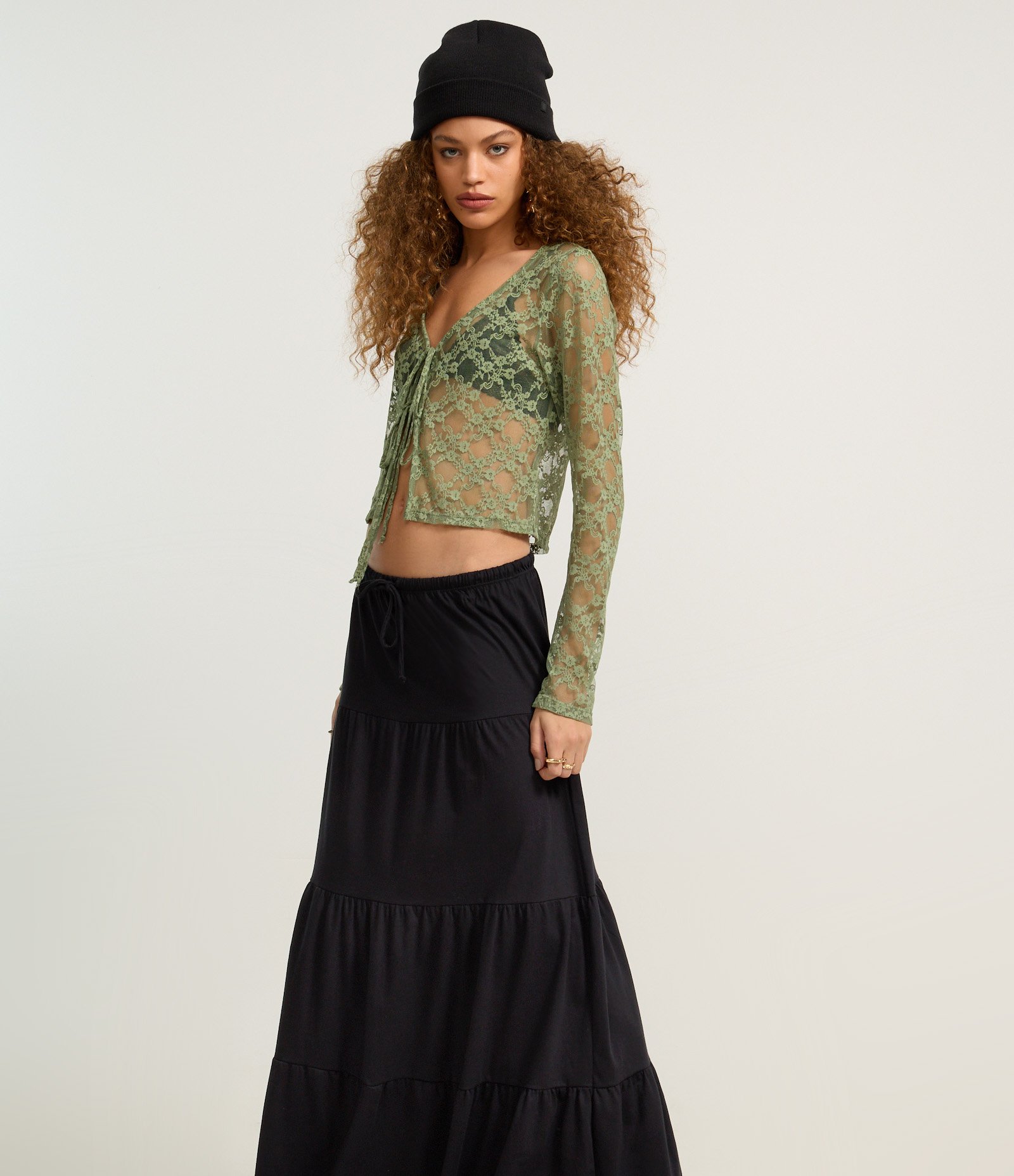 Saia Evasê em Algodão com Babado na Barra Preto 2