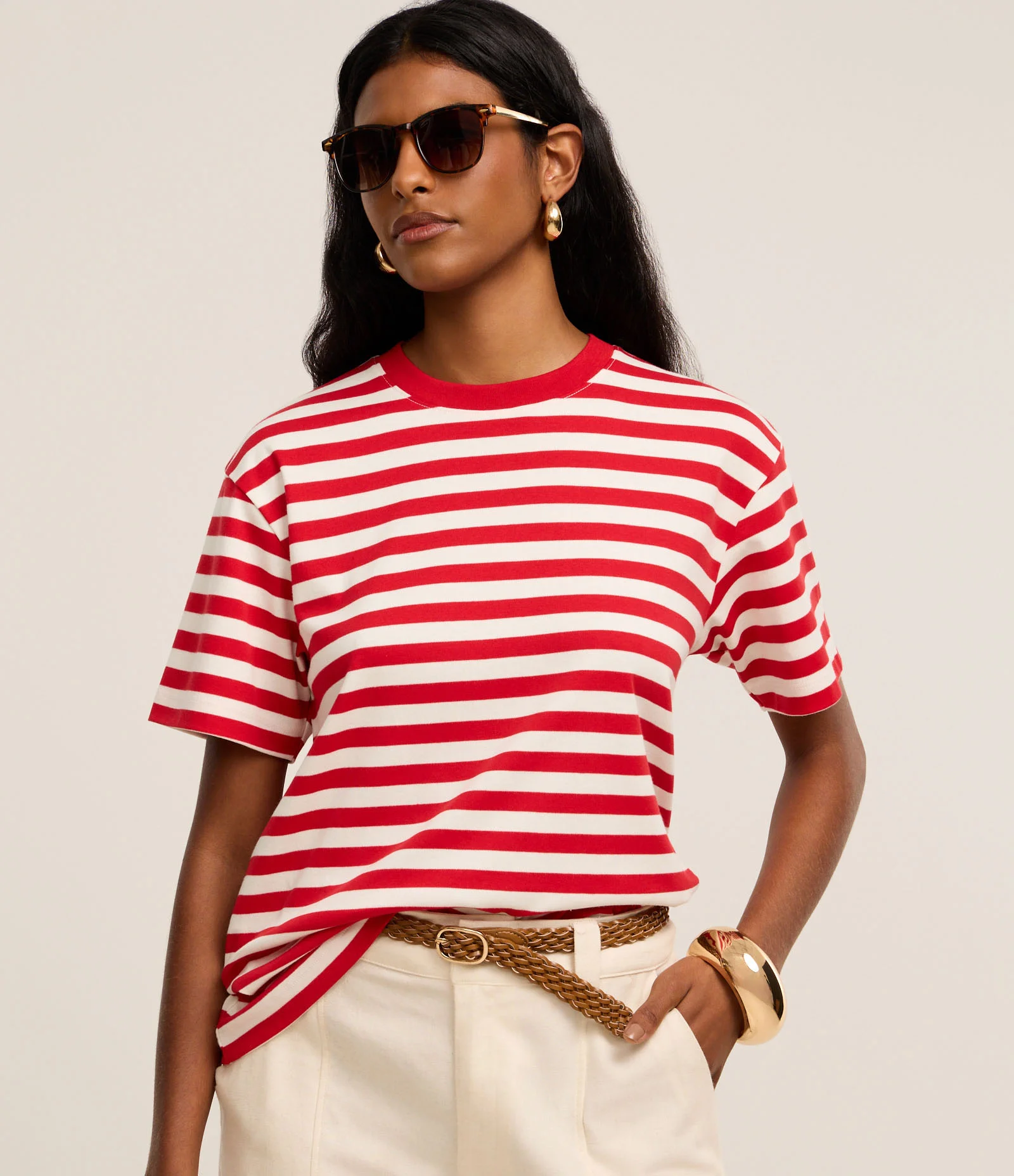 Camiseta Oversized em Algodão Peruano com Listras Horizontais Vermelho/Branco 1