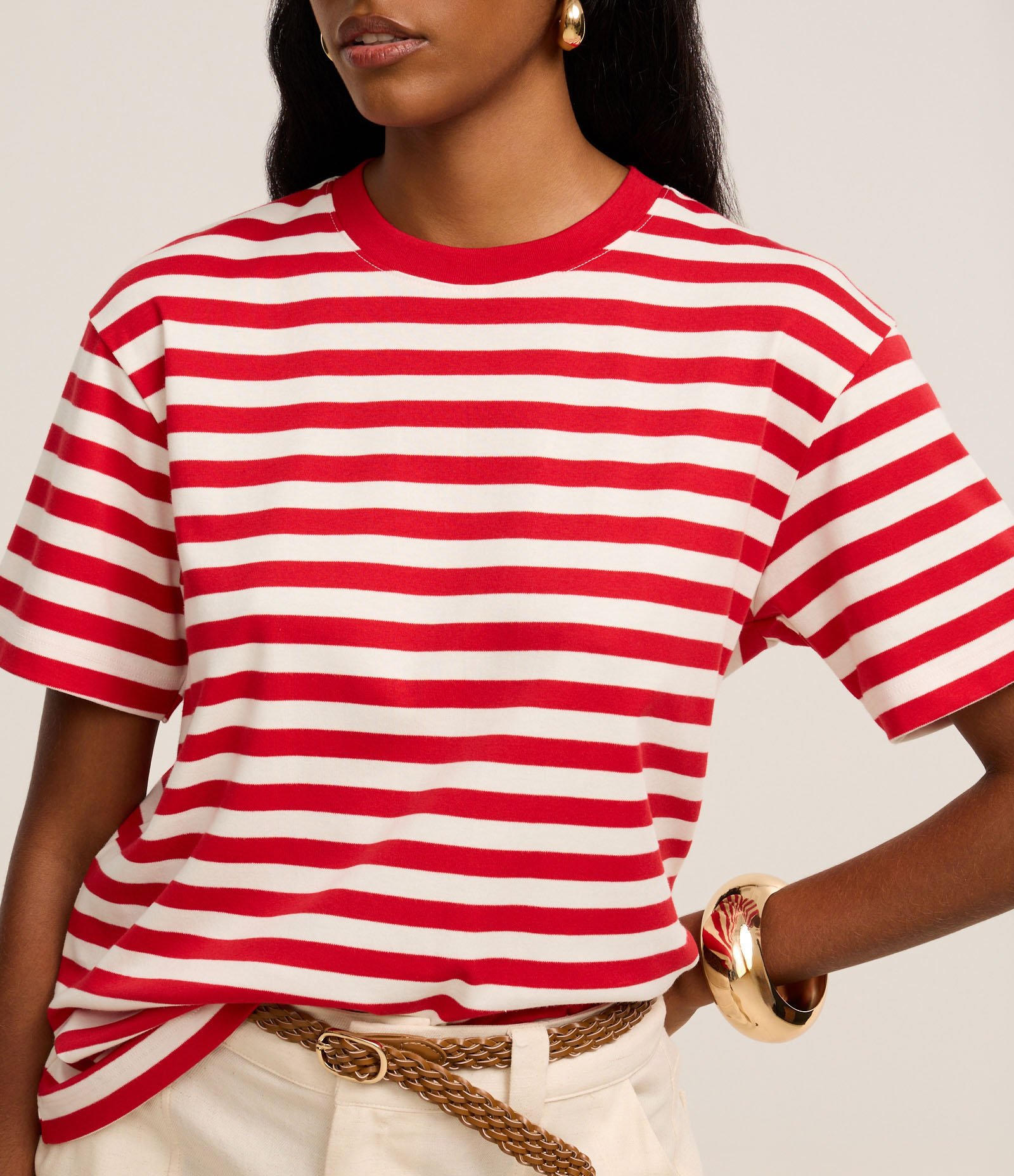 Camiseta Oversized em Algodão Peruano com Listras Horizontais Vermelho/Branco 4