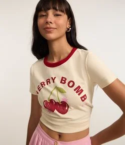 Blusa Baby Look em Algodão com Gola Contrastante e Silk Cherry Bomb