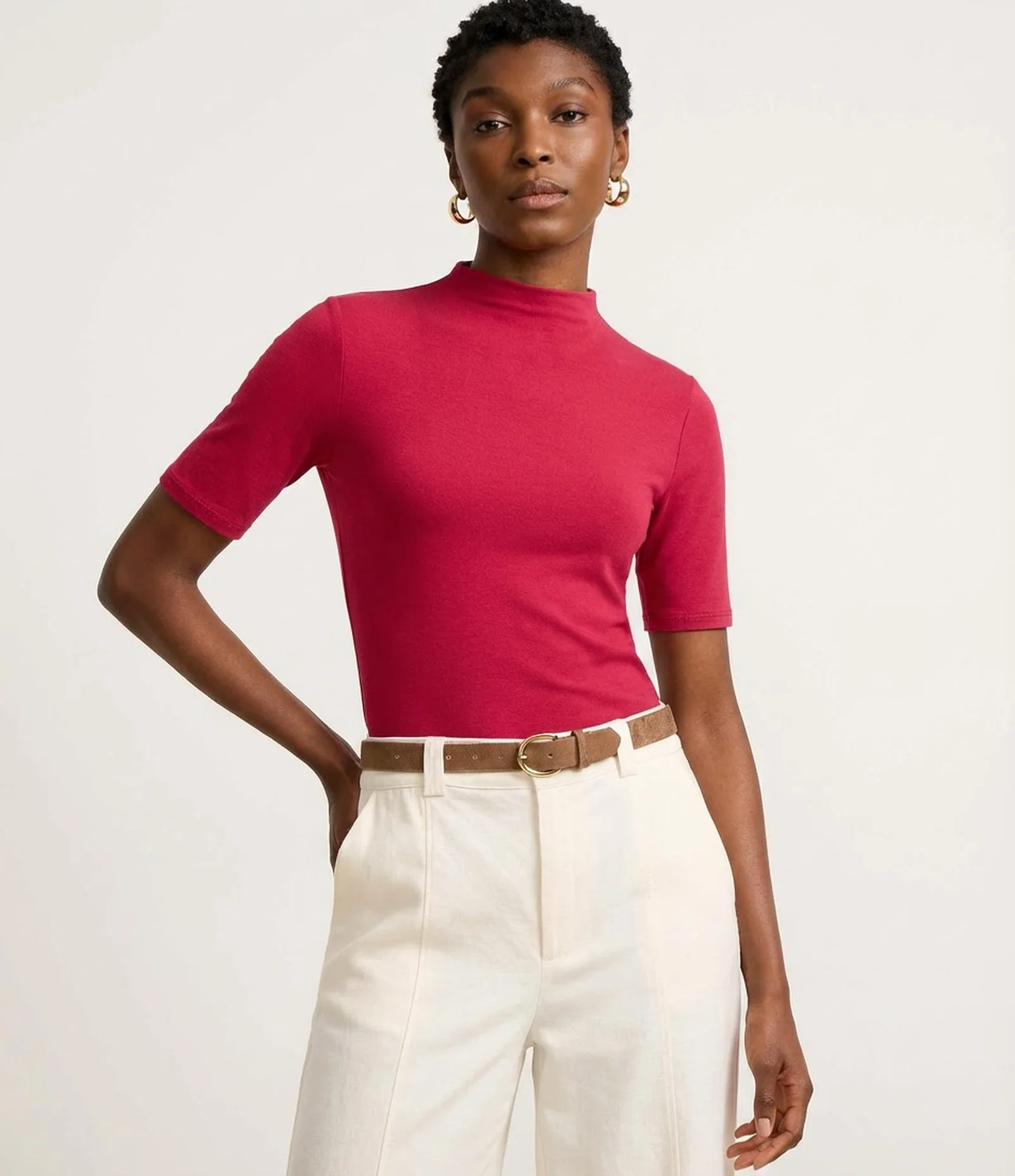 Blusa Básica Ajustada em Algodão com Golinha alta Rosa 1