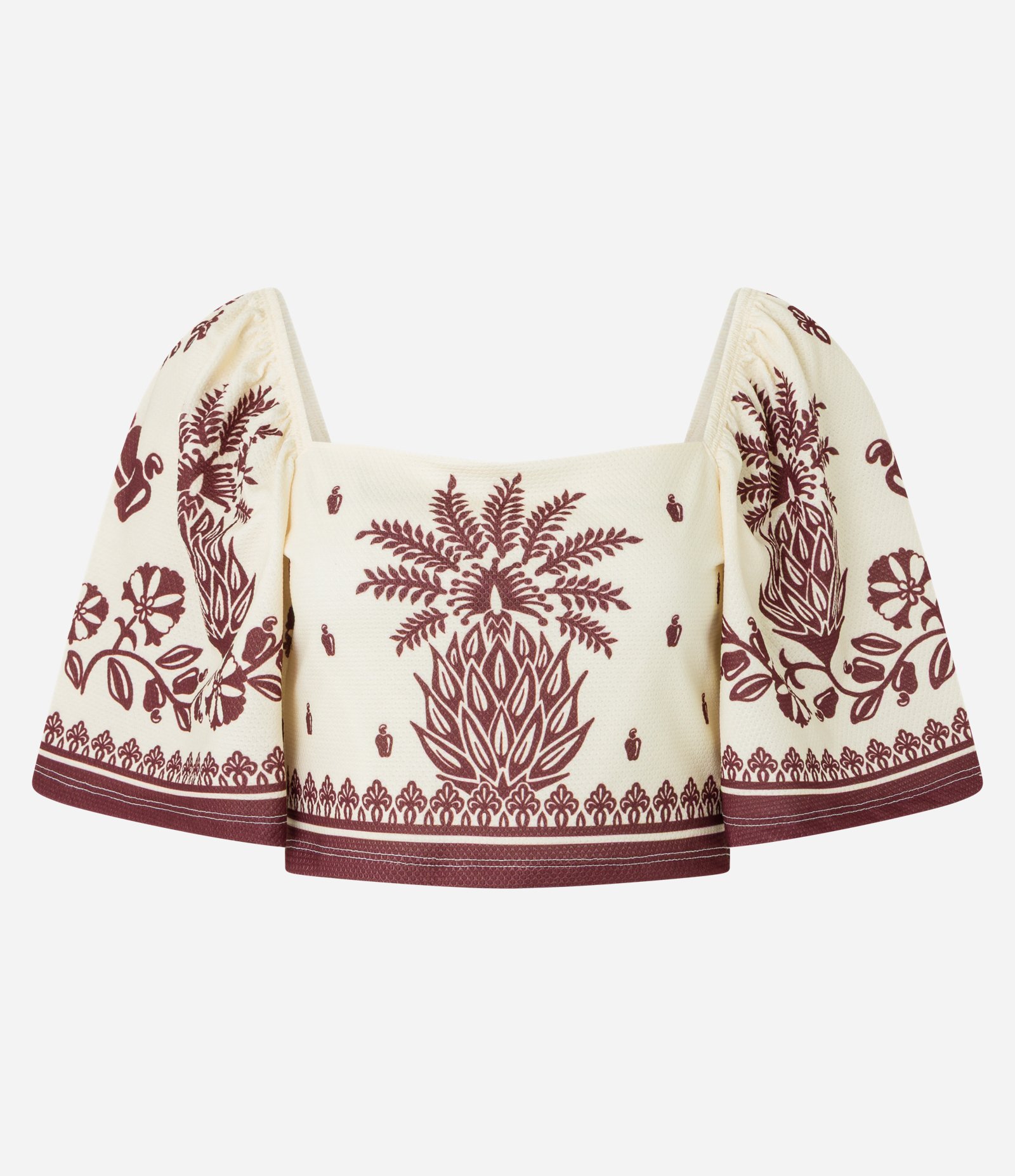 Blusa Cropped Texturizada com Estampa Tropical Bege 4