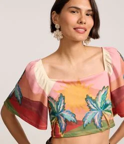 Blusa Cropped Texturizada com Estampa Tropical