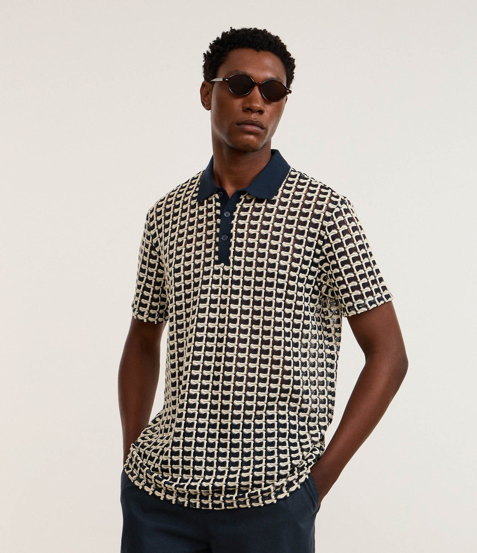 Camisa Polo Comfort em Jacquard com Textura Ondulada Azul 3