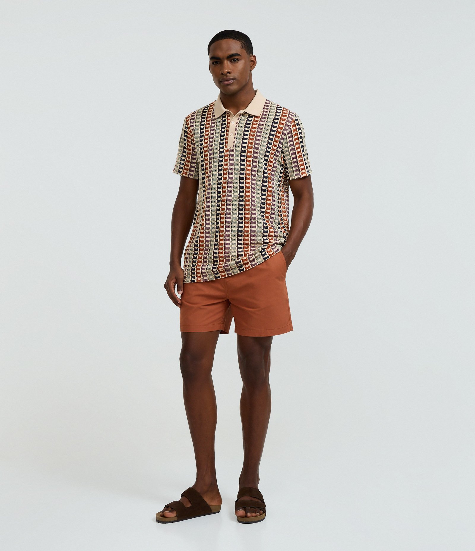 Camisa Polo Comfort em Jacquard com Textura Ondulada Bege 2