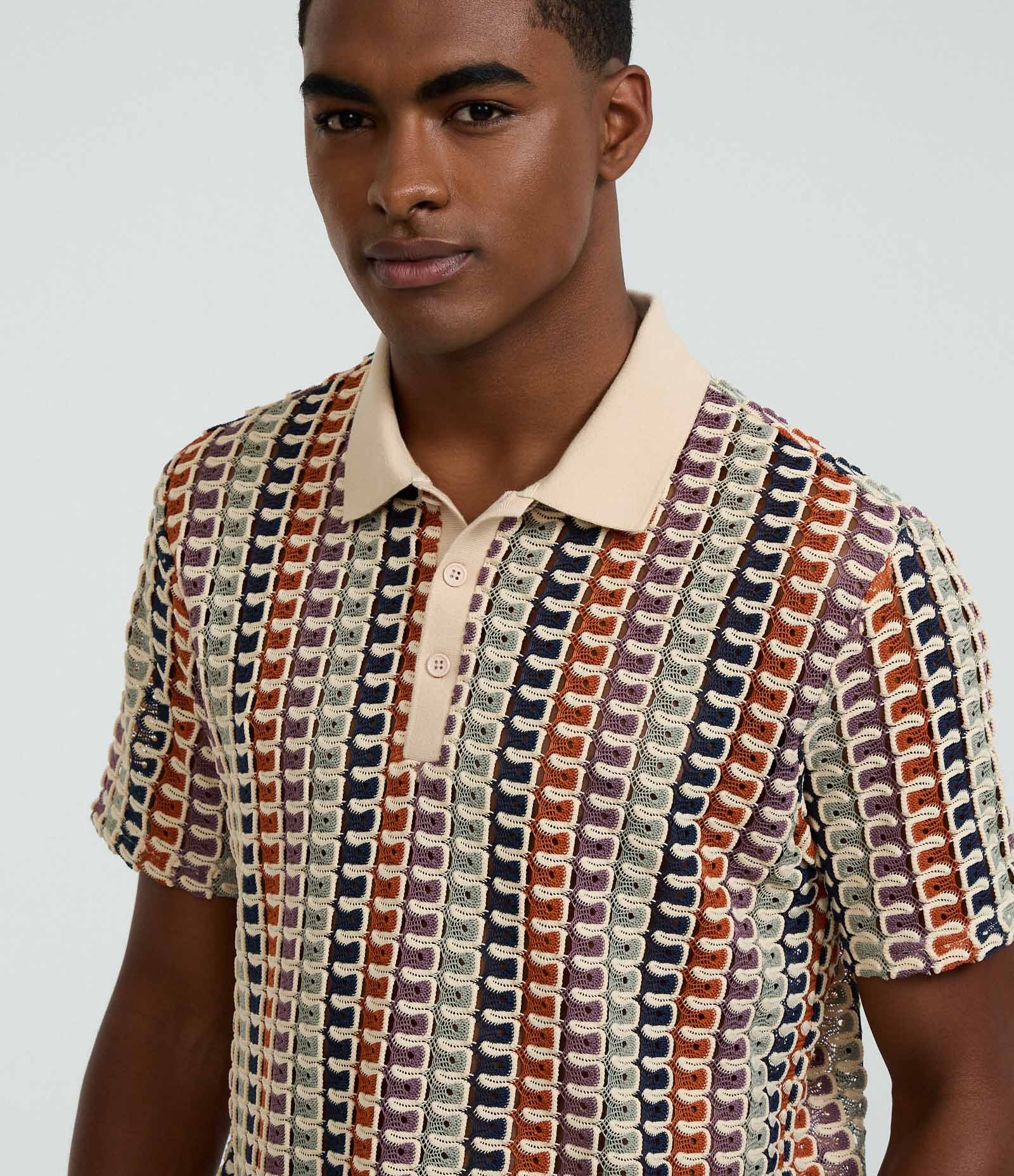 Camisa Polo Comfort em Jacquard com Textura Ondulada Bege 4