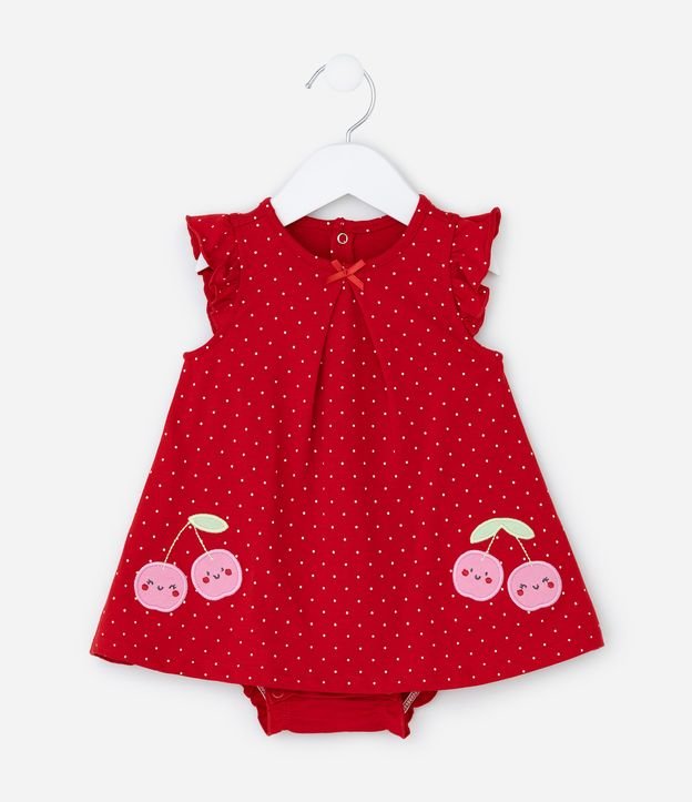 Vestido Body Infantil com Estampa Poá e Bordado de Cereja com Rostinho - Tam 0 a 18 meses
