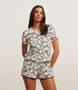 Pijama Short Doll em Viscose com Estampa Hello Kitty Bicolor