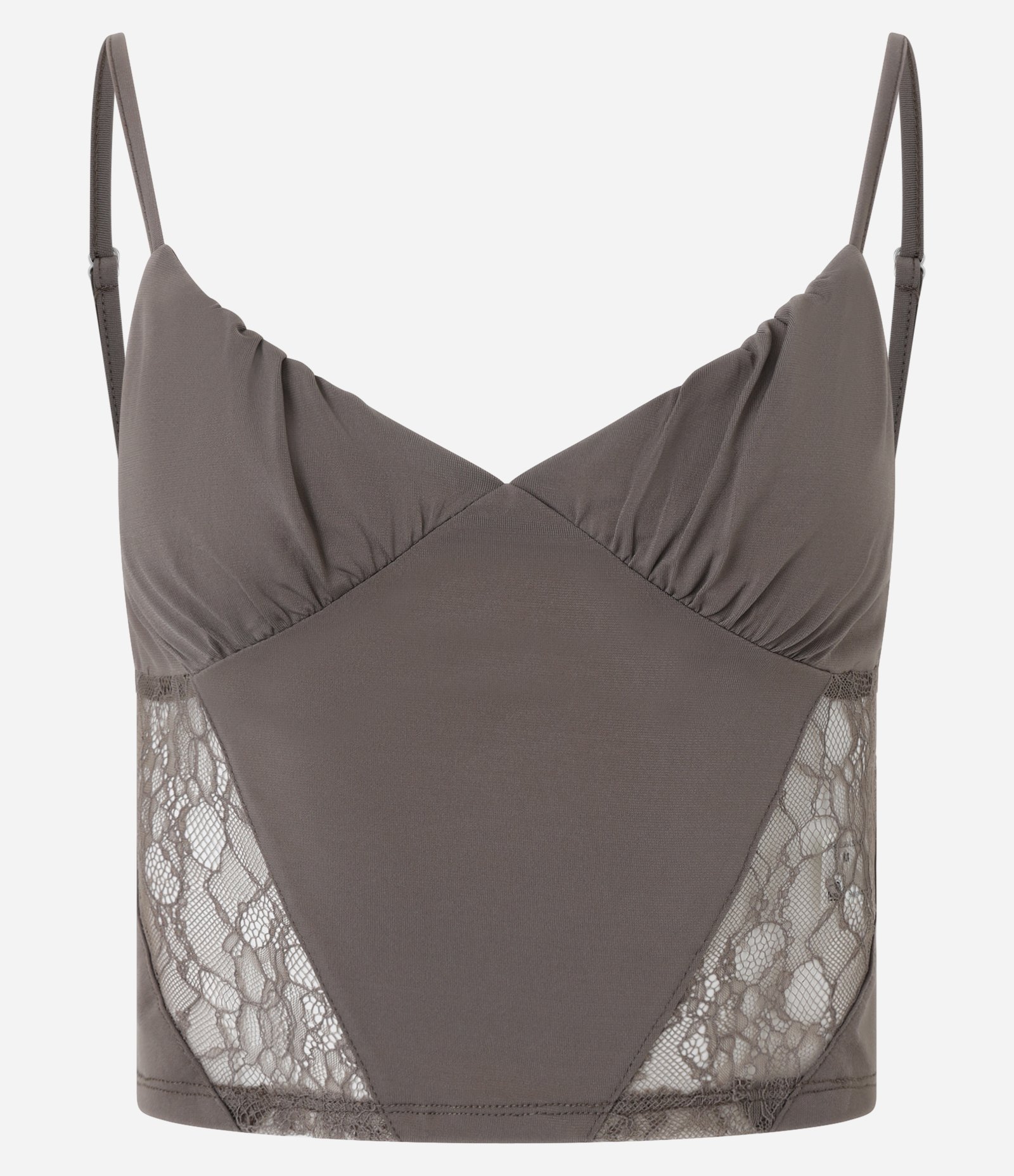 Blusa Cropped Alcinha com Busto Drapeado e Renda Marrom 4