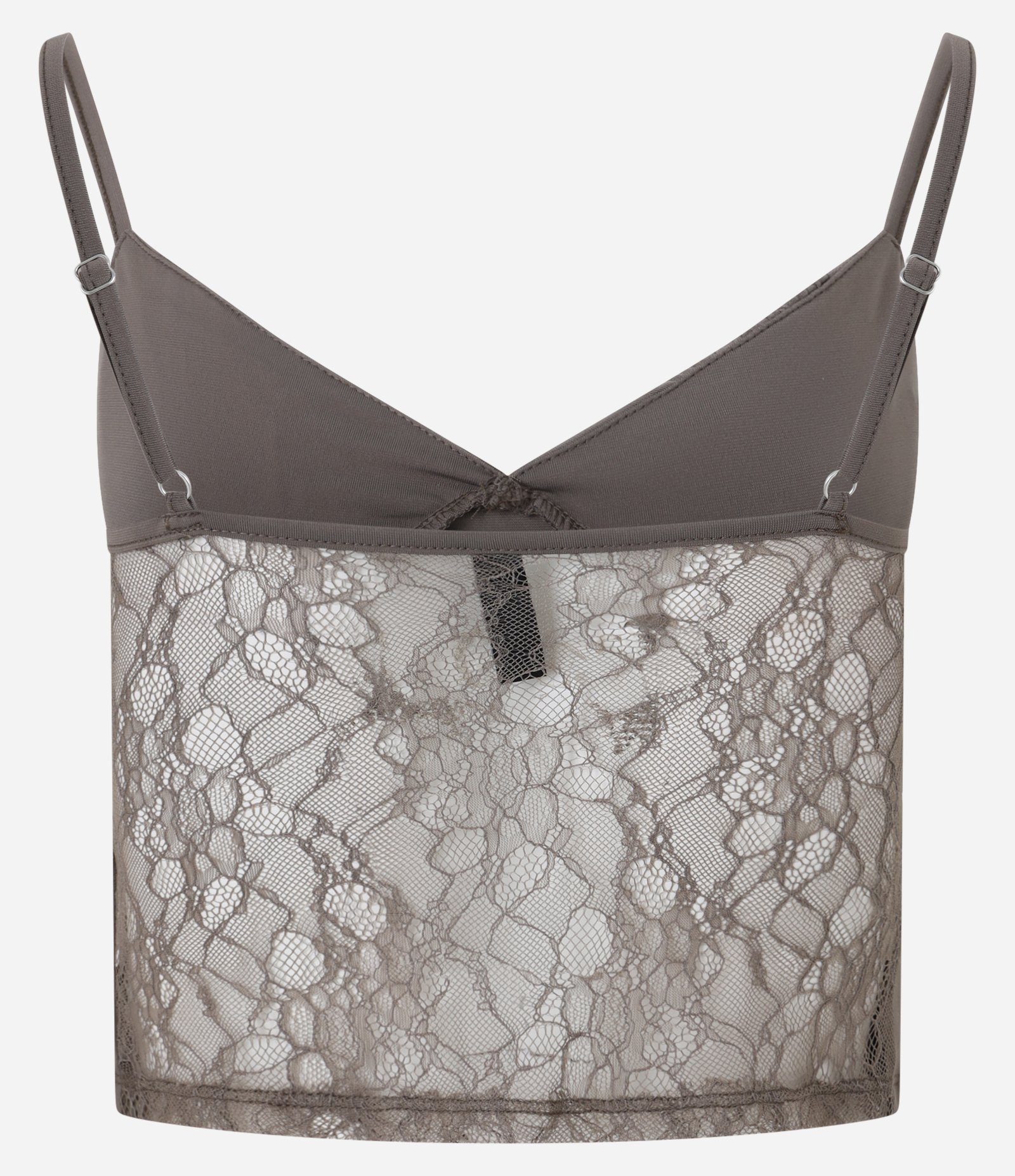 Blusa Cropped Alcinha com Busto Drapeado e Renda Marrom 5