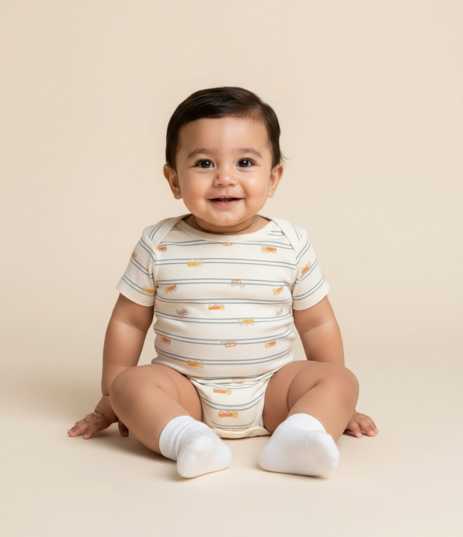 Body Infantil com Estampa Carrinhose Listras - Tam RN a 18 meses Bege 1