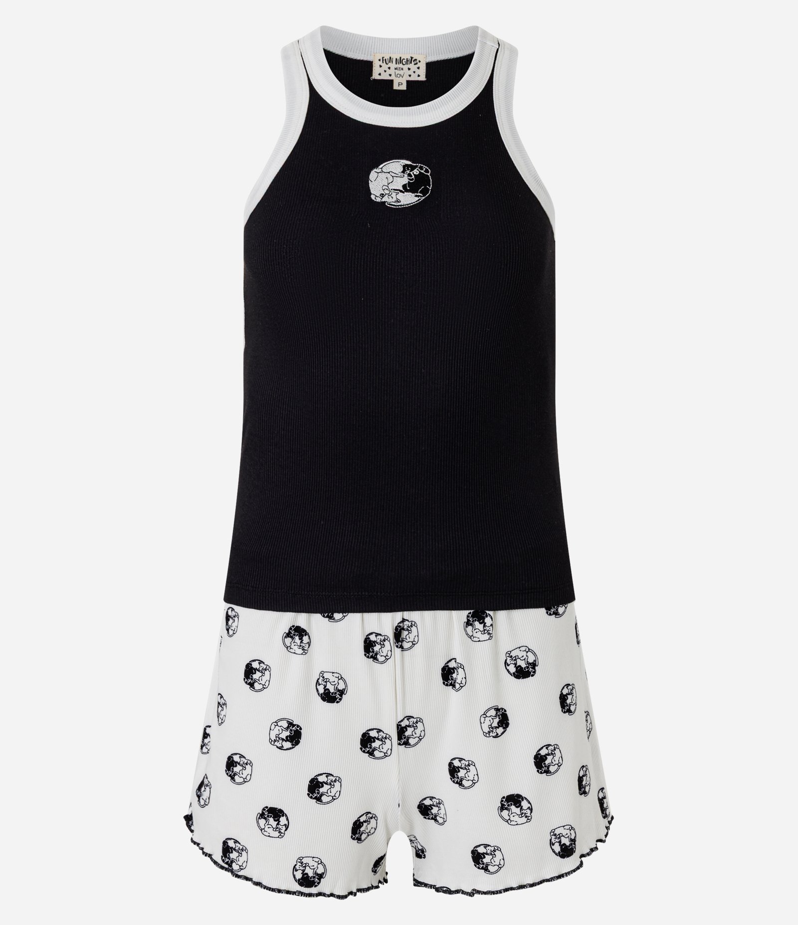 Pijama Short Doll em Ribana com Bordado de Gatinhos Yin Yang Preto/Branco 5