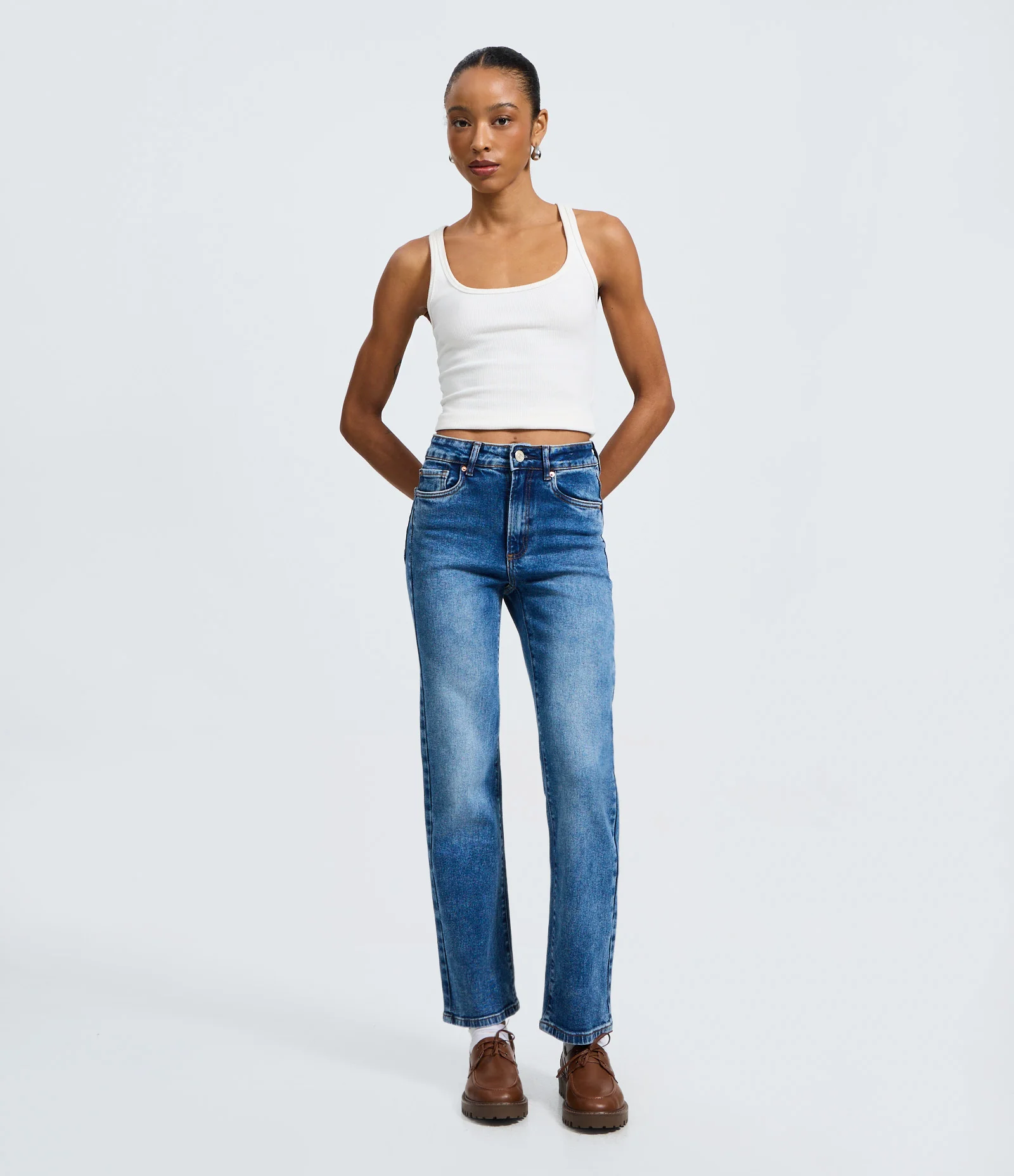 Calça Reta Cintura Alta em Jeans Elastizado Azul 1