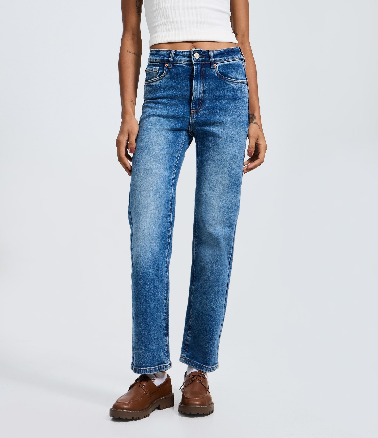 Calça Reta Cintura Alta em Jeans Elastizado Azul 3