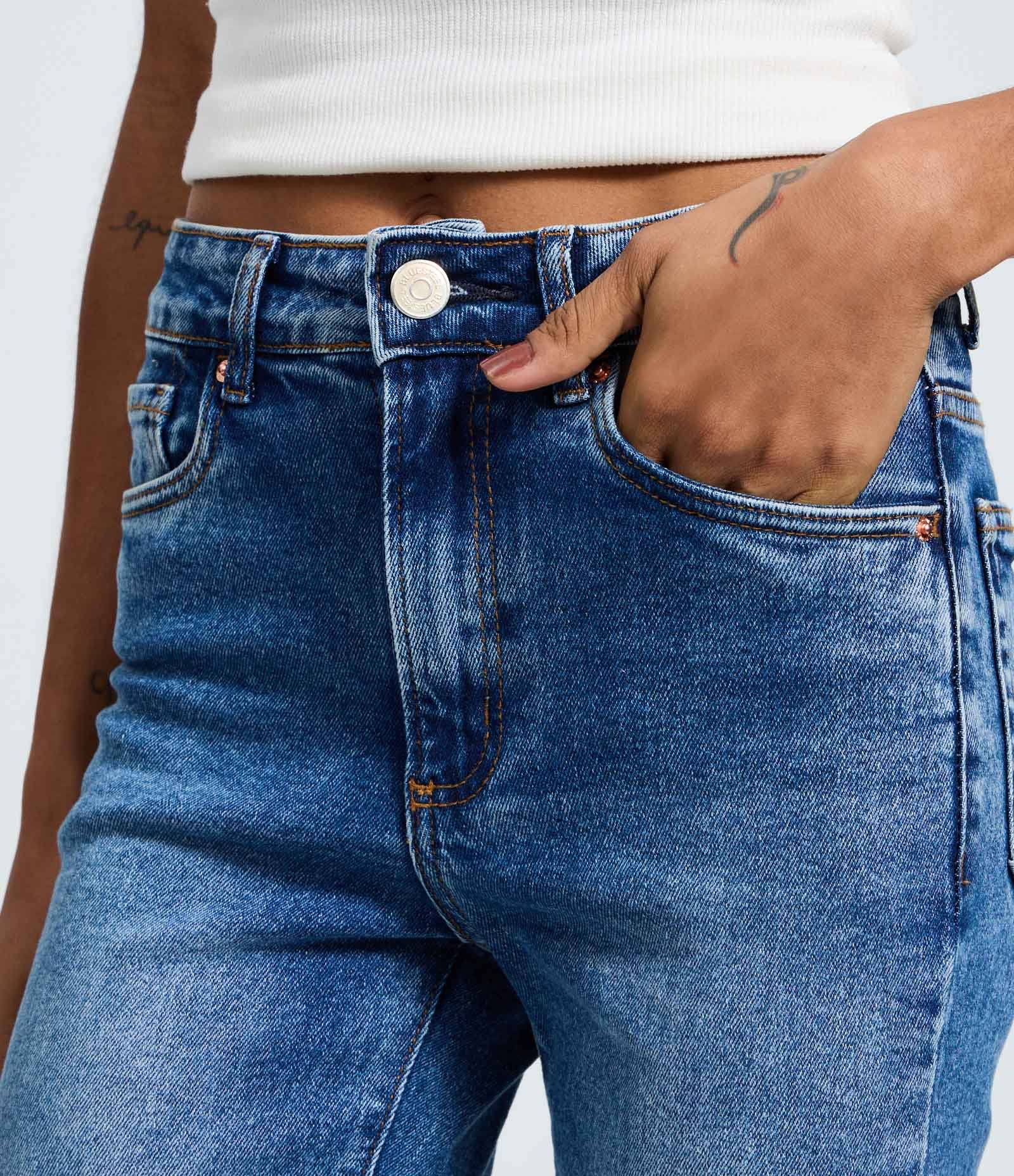Calça Reta Cintura Alta em Jeans Elastizado Azul 4