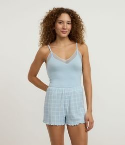 Short de Pijama em Ribana com Estampa Xadrez e Barra Frufru