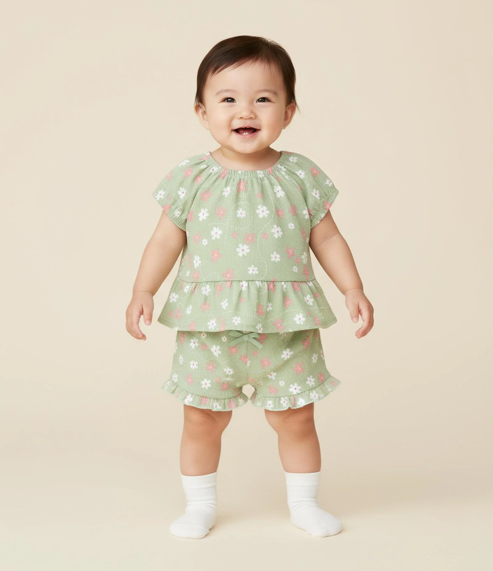 Bermuda Infantil Texturizada com Estampa Floral - Tam 0 a 18 meses Verde 1