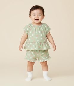 Bermuda Infantil Texturizada com Estampa Floral - Tam 0 a 18 meses