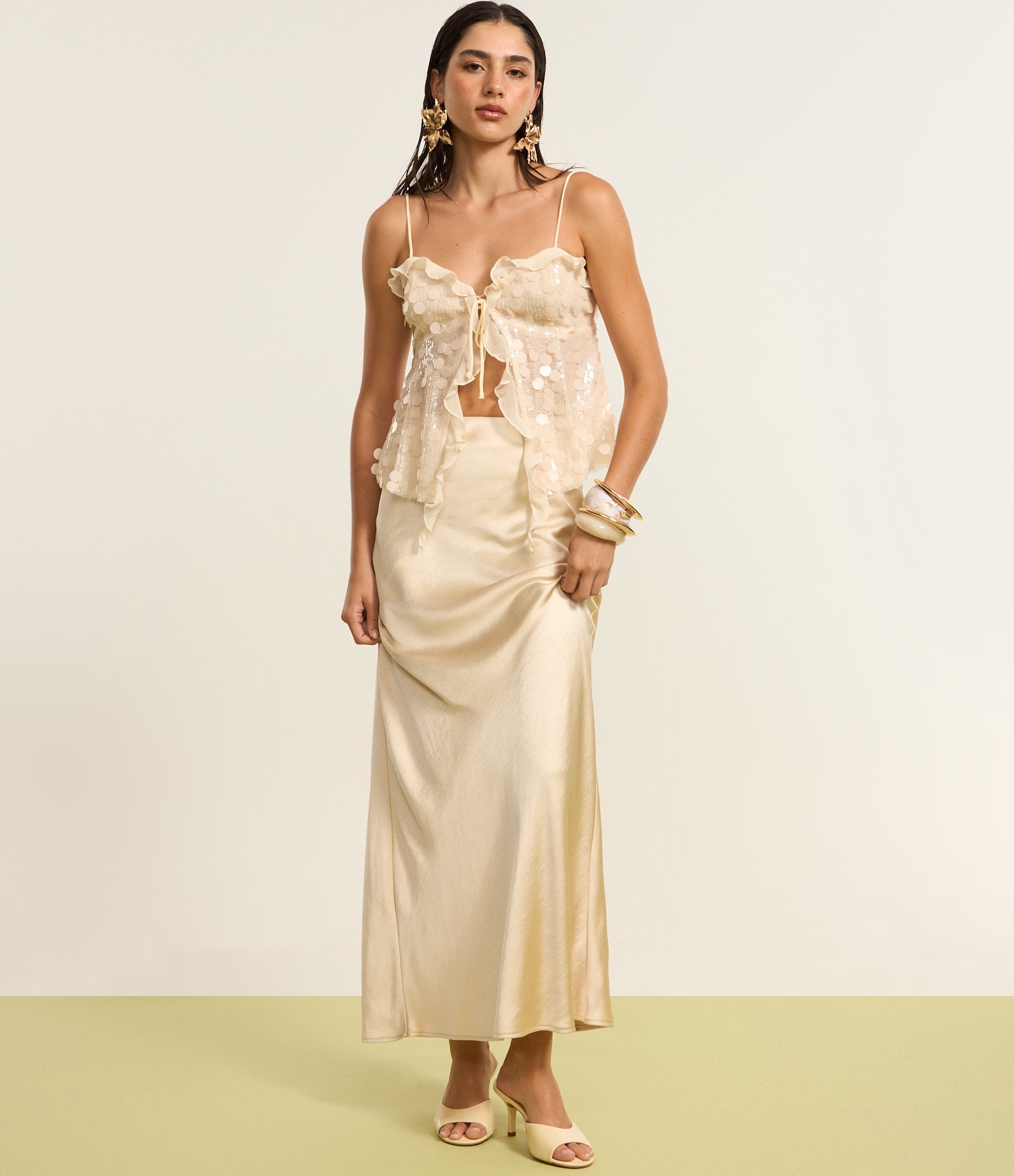 Blusa em Malha de Paetês com Decote Coração e Babados de Chiffon Off White 6