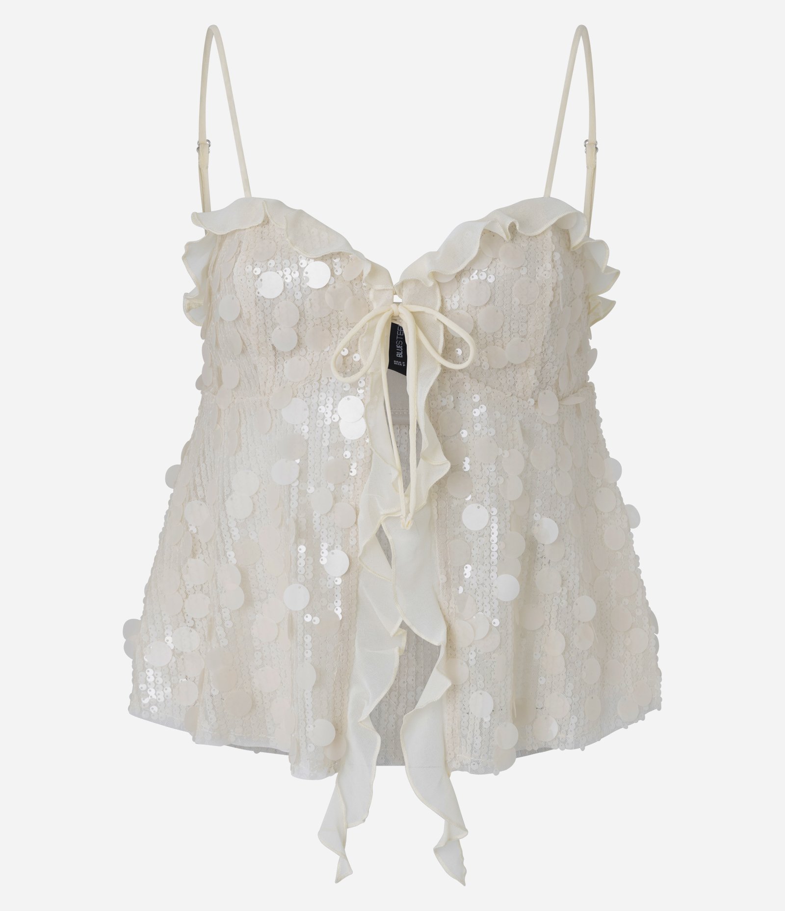 Blusa em Malha de Paetês com Decote Coração e Babados de Chiffon Off White 7