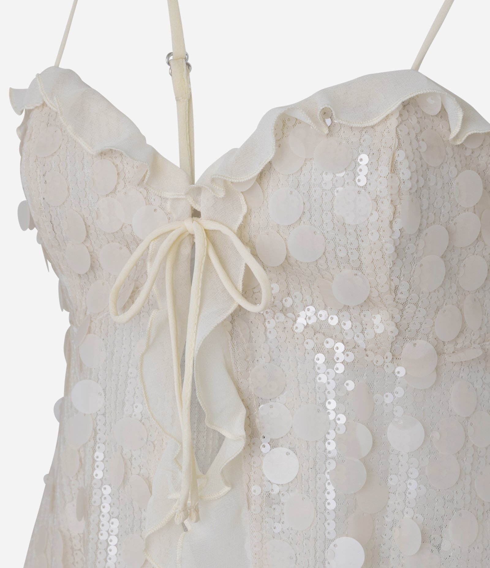 Blusa em Malha de Paetês com Decote Coração e Babados de Chiffon Off White 8