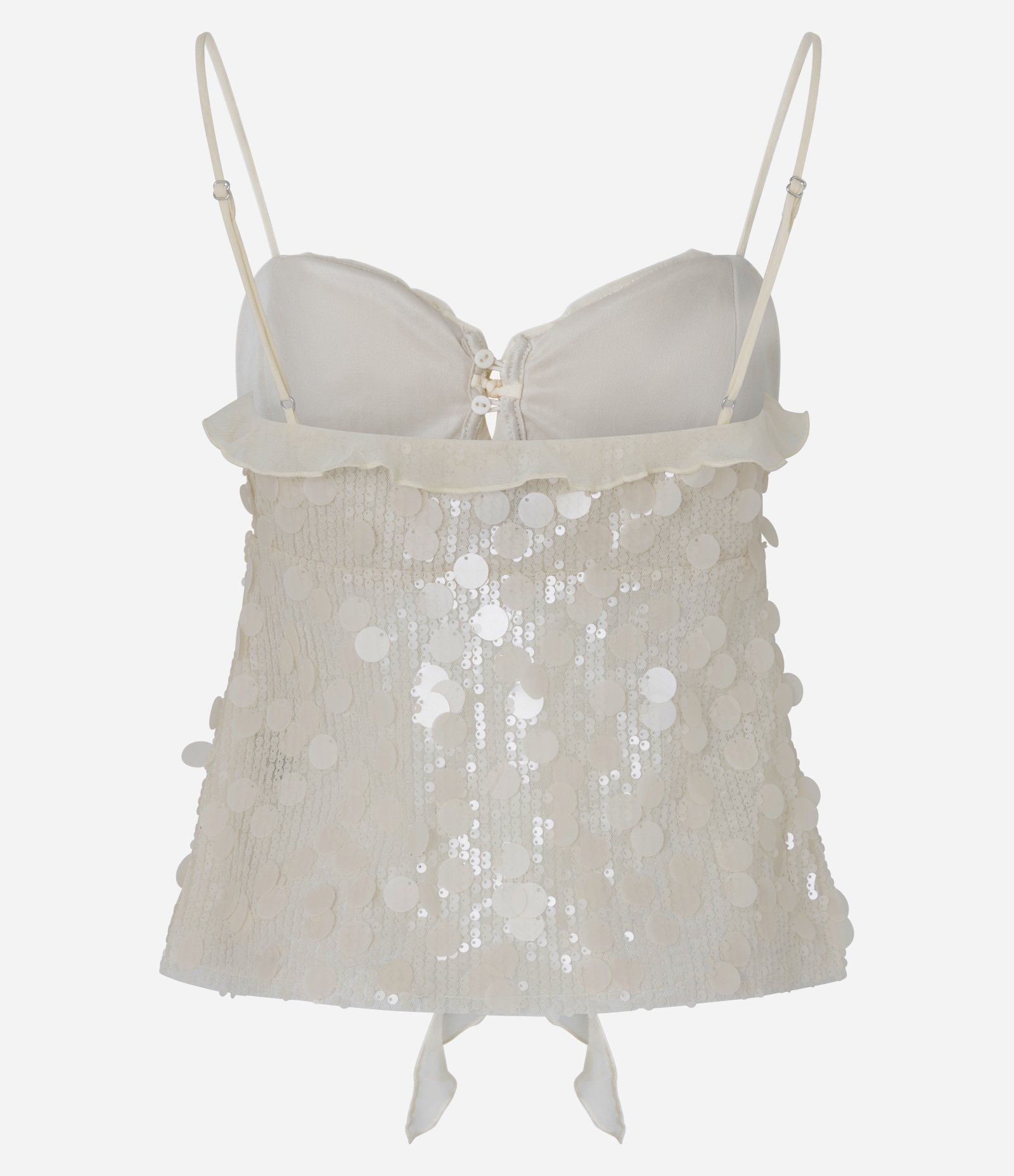 Blusa em Malha de Paetês com Decote Coração e Babados de Chiffon Off White 9