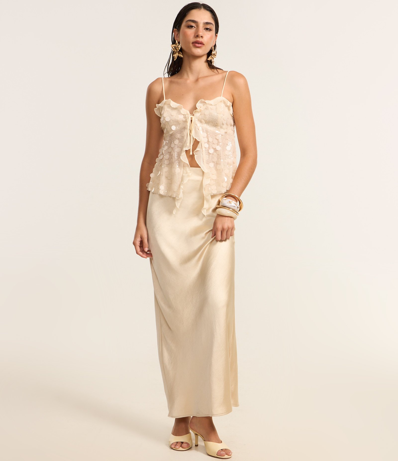 Blusa em Malha de Paetês com Decote Coração e Babados de Chiffon Off White 3