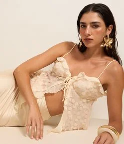 Blusa em Malha de Paetês com Decote Coração e Babados de Chiffon