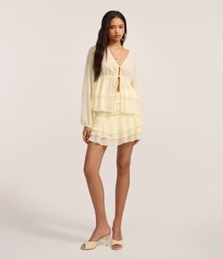 Saia Godê Curta em Chiffon com Franzidos e Babados