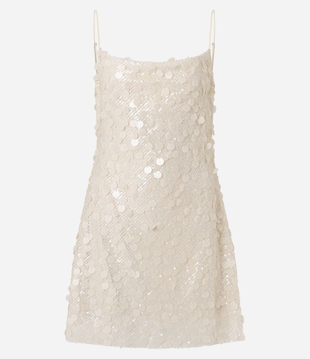 Vestido Curto em Paetê Misto com Decote Degagê Bege