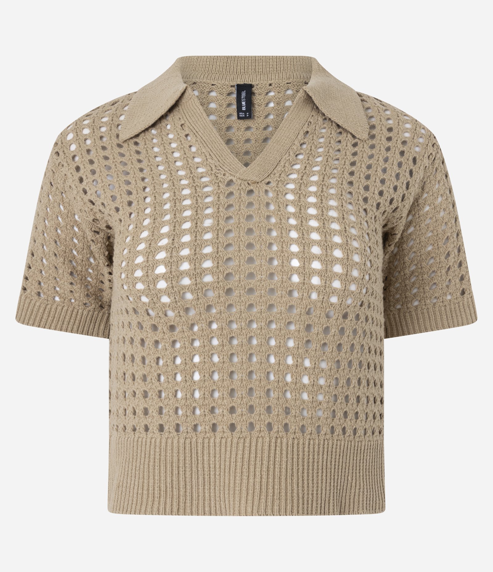 Blusa em Tricô com Ponto Vazado e Gola Polo Bege 5