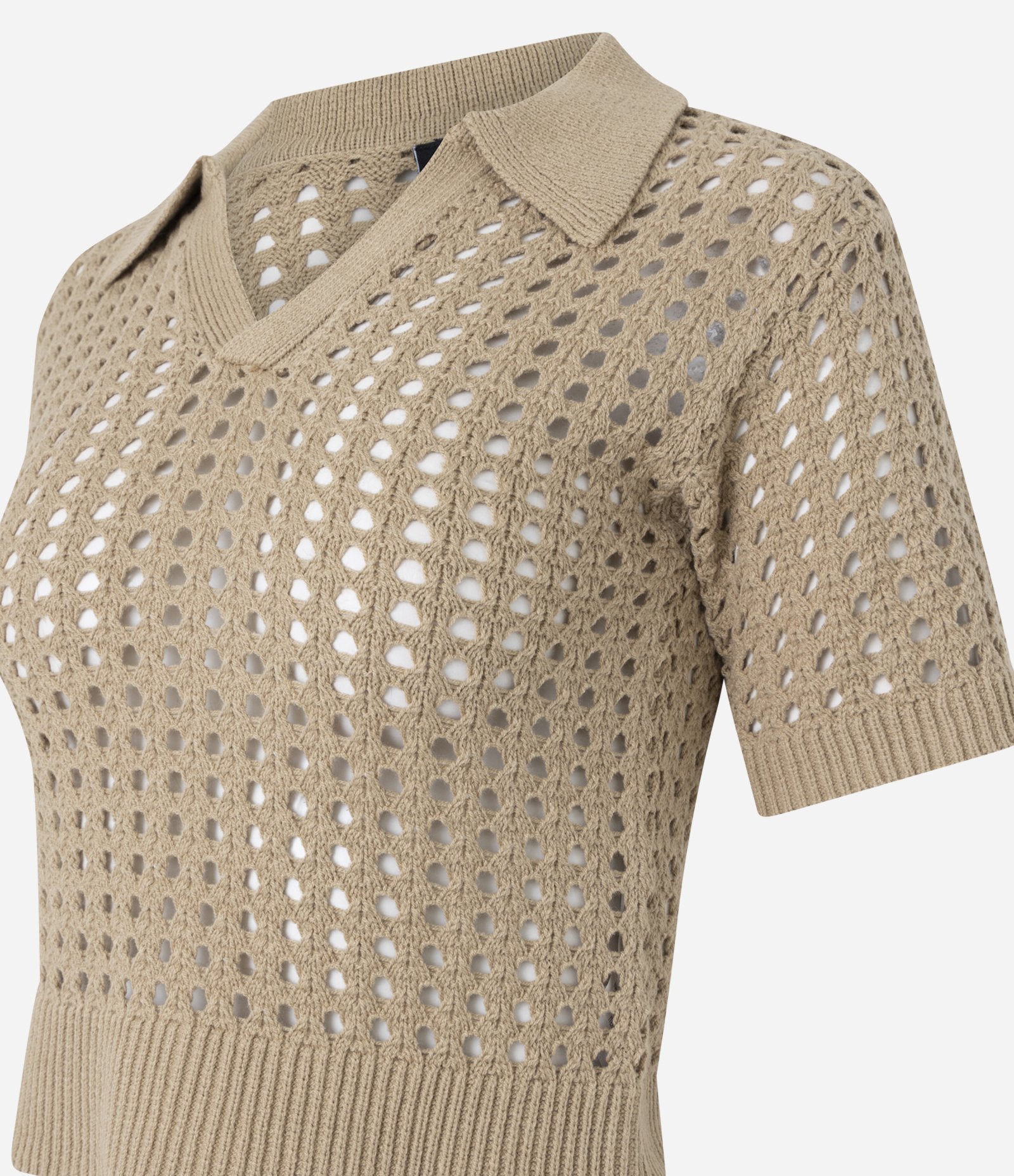 Blusa em Tricô com Ponto Vazado e Gola Polo Bege 6