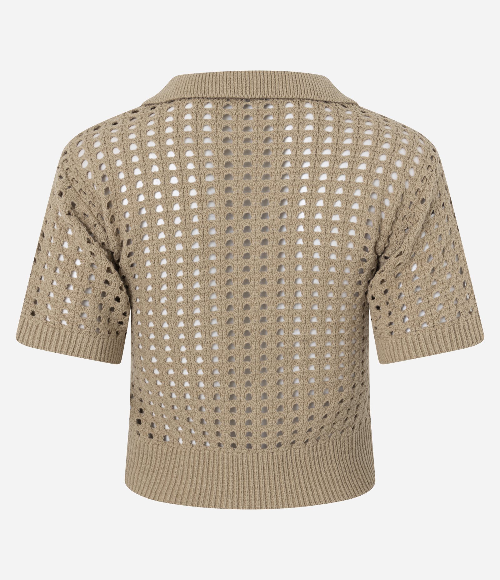 Blusa em Tricô com Ponto Vazado e Gola Polo Bege 7