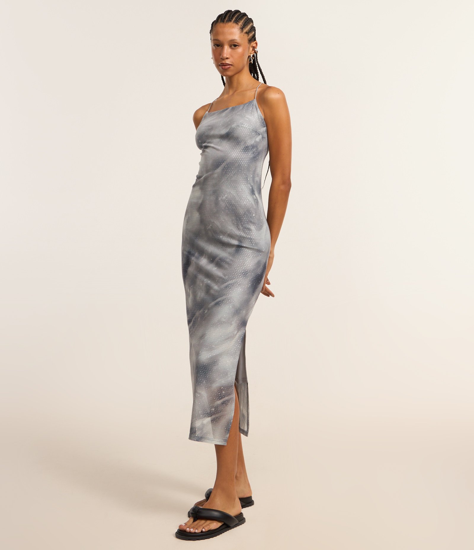 Vestido Midi em Tule com Estampa Abstrata e Glitter Flocado Cinza 1