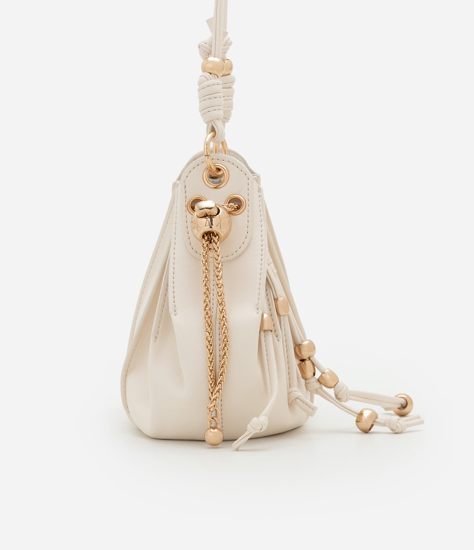 Bolsa Bucket Pequena Fechamento de Saco com Detalhes em Metal Boho Romântico Off White 3