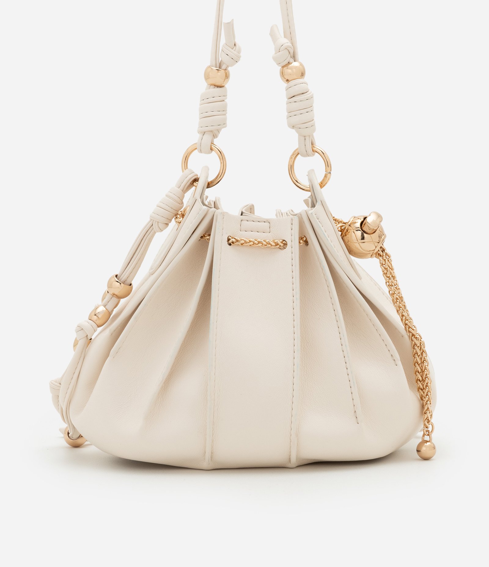 Bolsa Bucket Pequena Fechamento de Saco com Detalhes em Metal Boho Romântico Off White 6