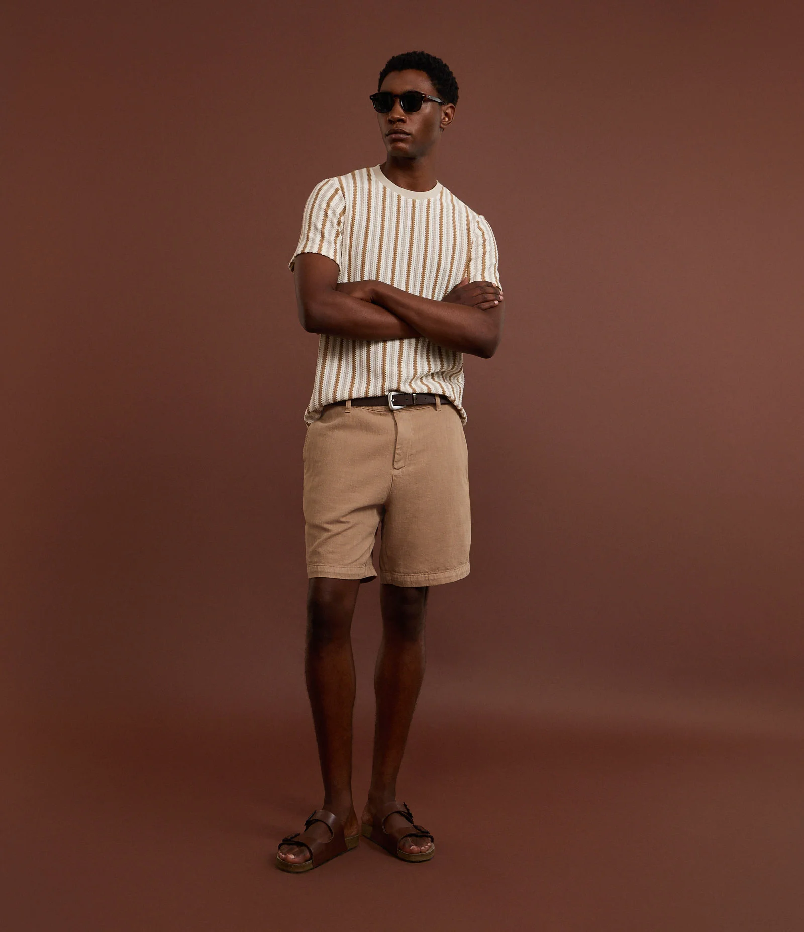 Camiseta em Tricô com Estampa de Listras e Texturizada Bege 5