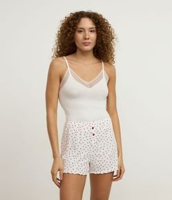 Short de Pijama em Ribana com Estampa de Mini Corações e Barra Frufru