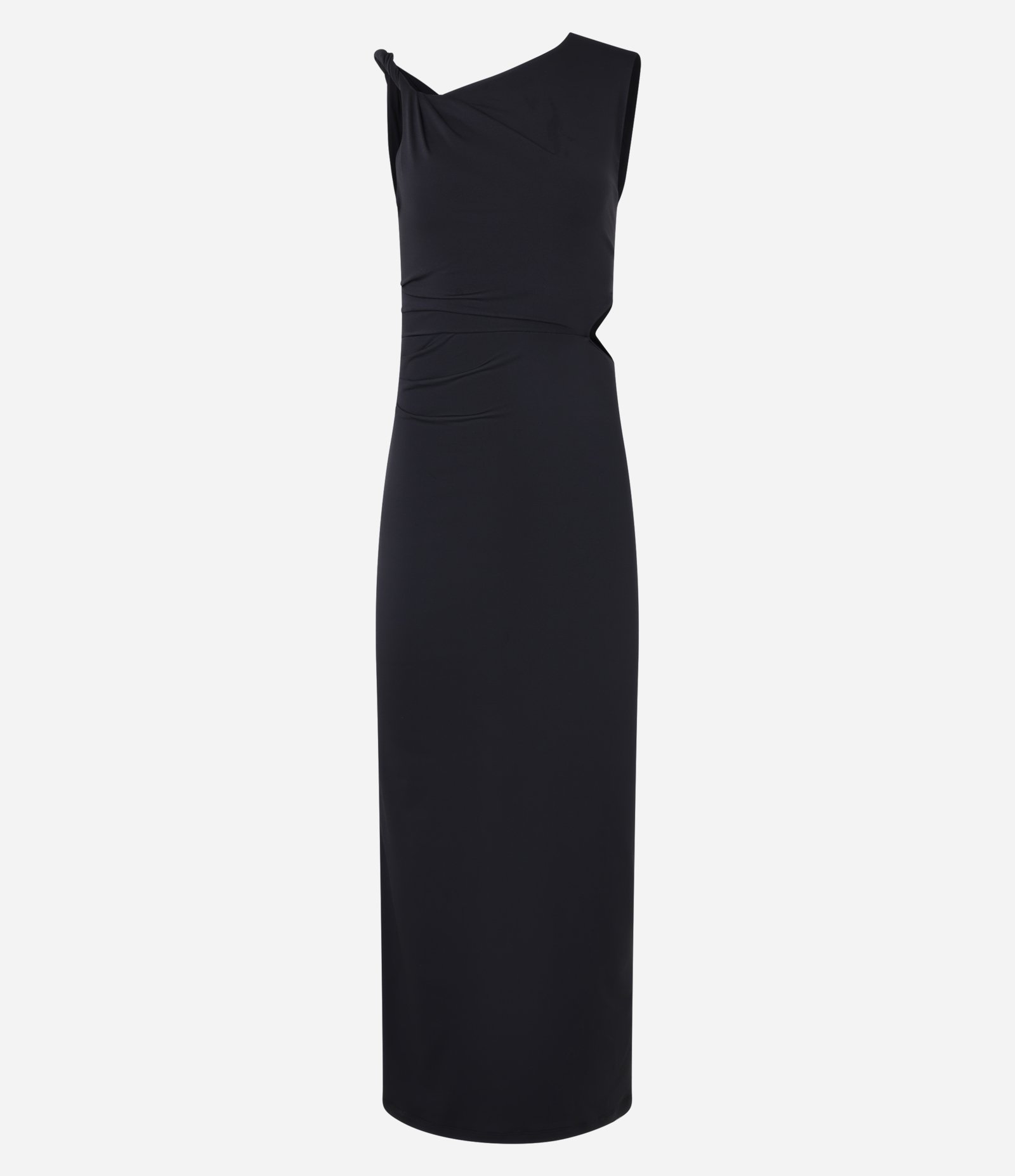 Vestido Longo em Helanca com Decote Assimétrico e Recorte Vazado Preto 4