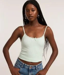 Blusa Texturizada em Seamless de Alcinha com Renda e Lacinho