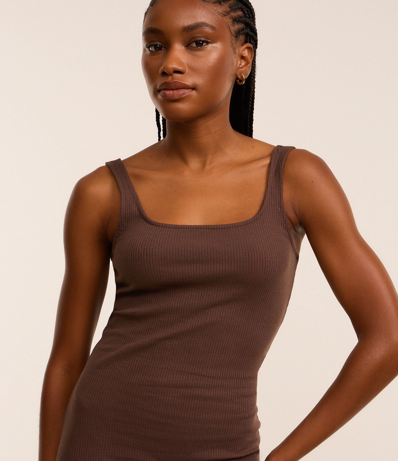 Vestido Midi Básico com Decote Quadrado Marrom 2