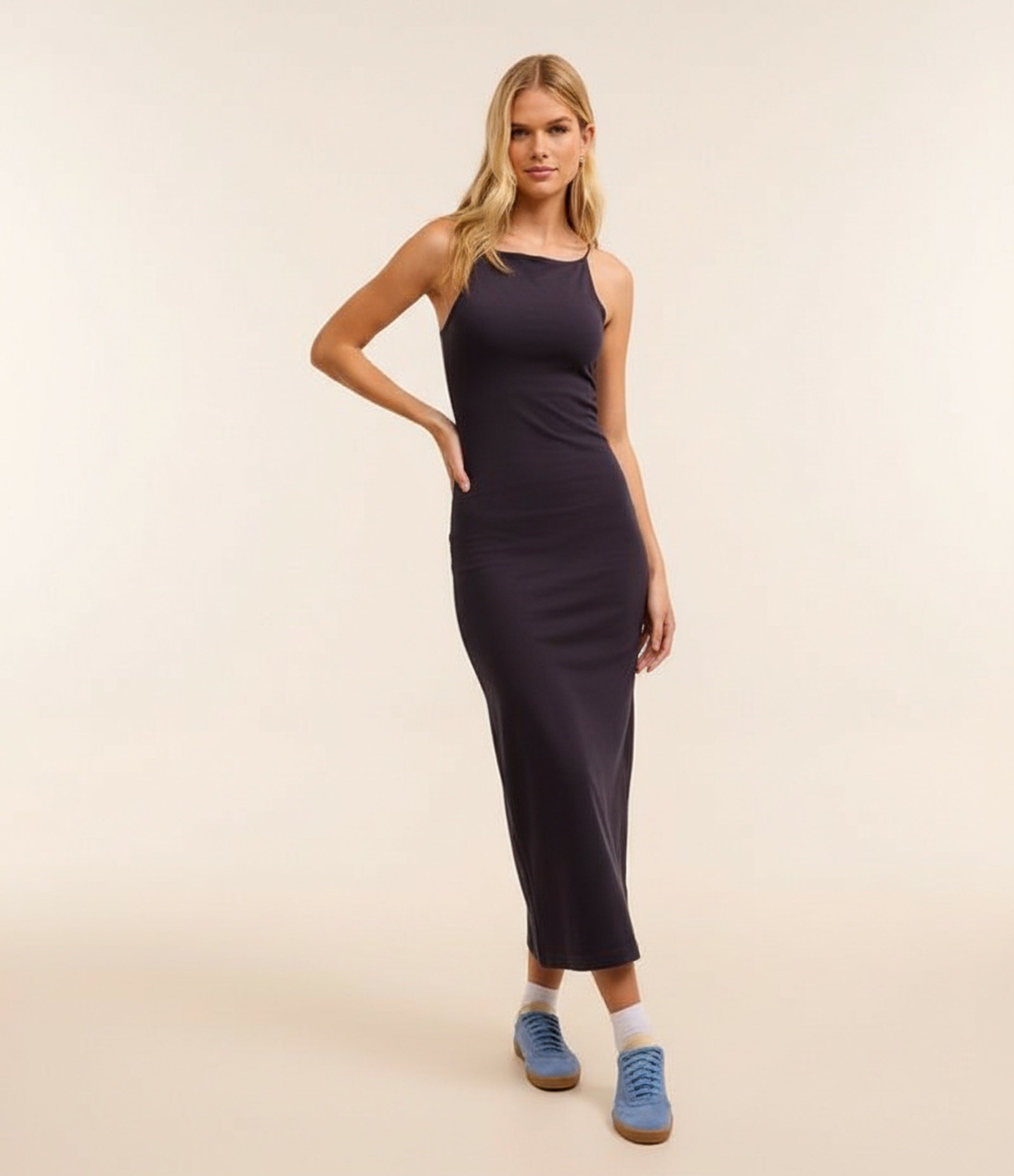 Vestido Midi com Alças Finas e Fenda Azul Marinho 5