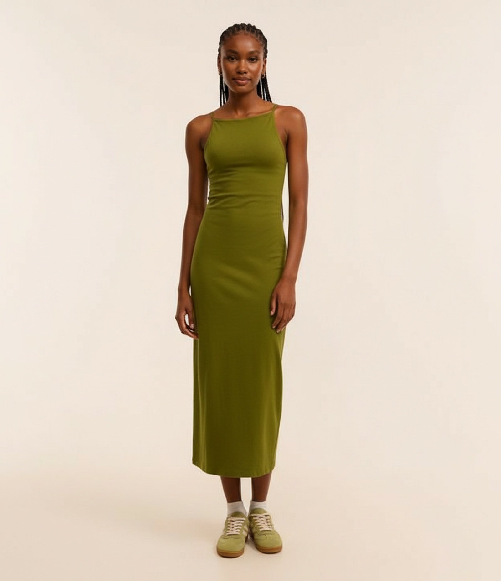 Vestido Midi com Alças Finas e Fenda Verde Claro 7