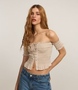 Blusa com Amarração Frontal e  Meia Manga Texturizada