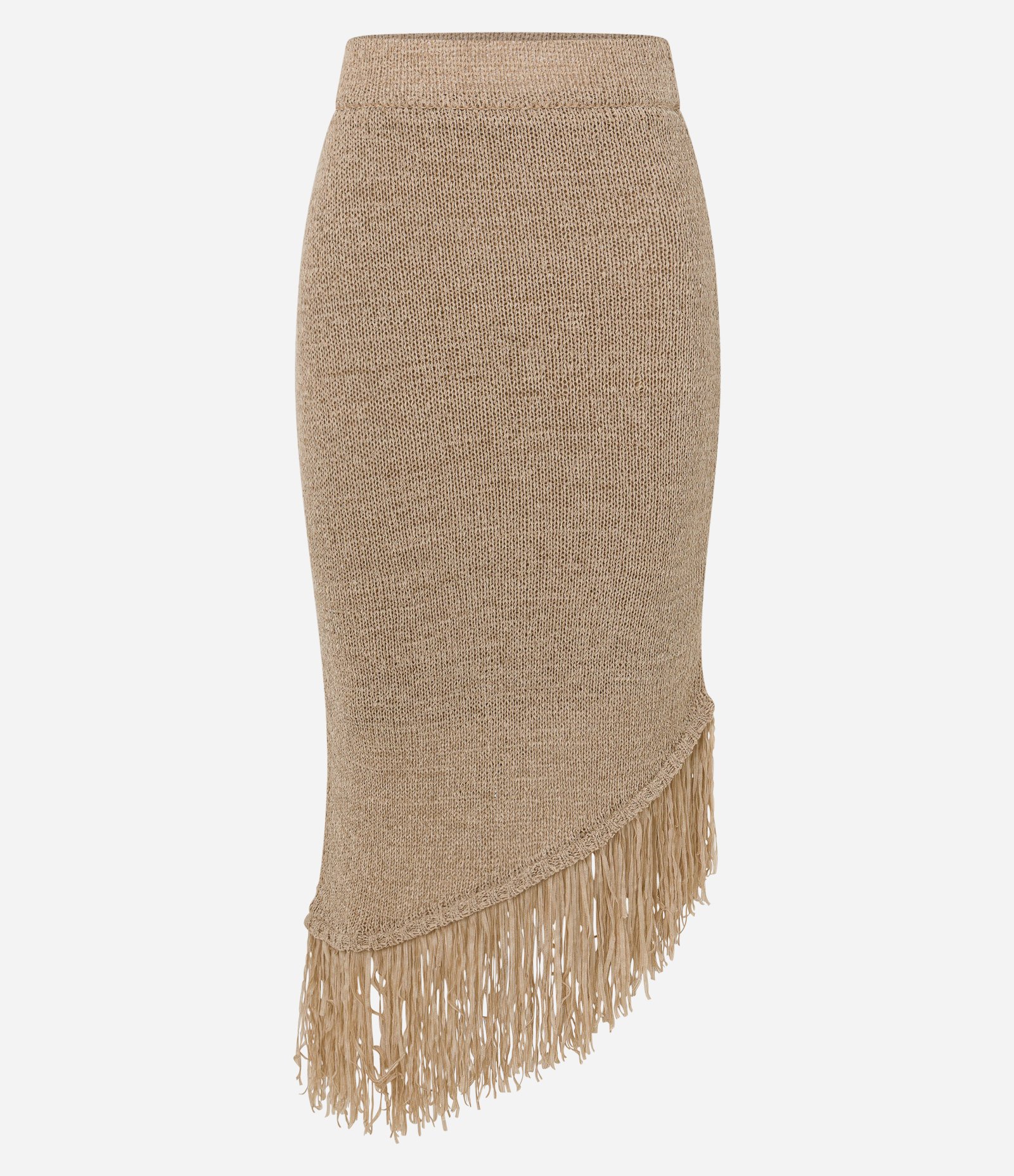 Saia Midi em Tricô e Barra Enviezada com Franjas Bege 6